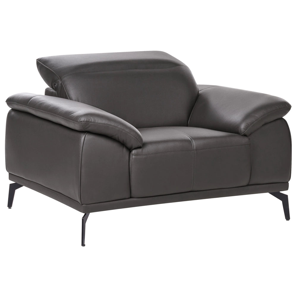 Poltrona in ecopelle con poggiatesta regolabile e gambe in metallo, colore nero stile moderno