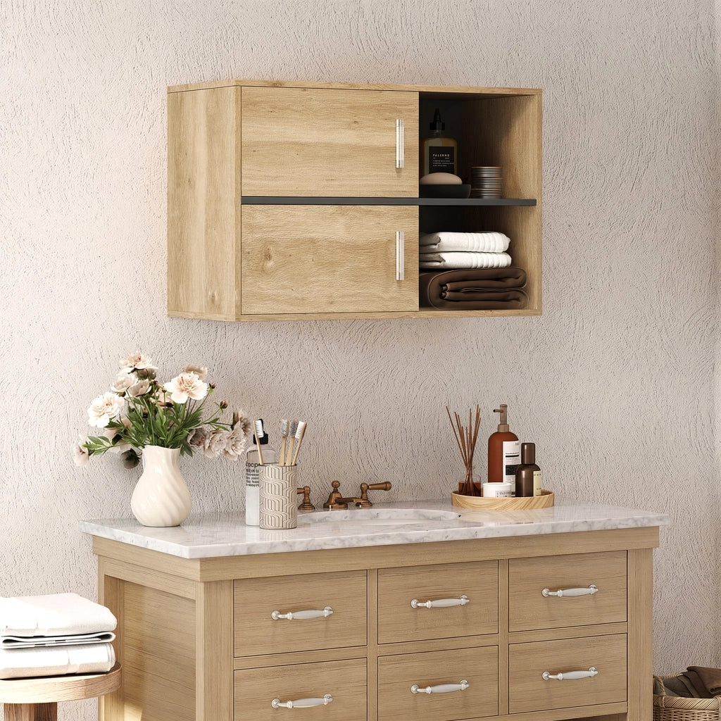 Mobile Bagno Parete con 2 Ante e Ripiani Aperti ¨C zephmum ¨C Legno Naturale 80x35x57,5 cm