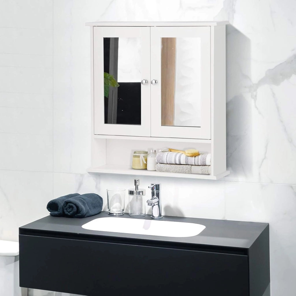 Armadio pensile con specchio, a due porte, con ripiano regolabile, 3 ripiani, 56,5 x 13,5 x 58,5 cm, bianco
