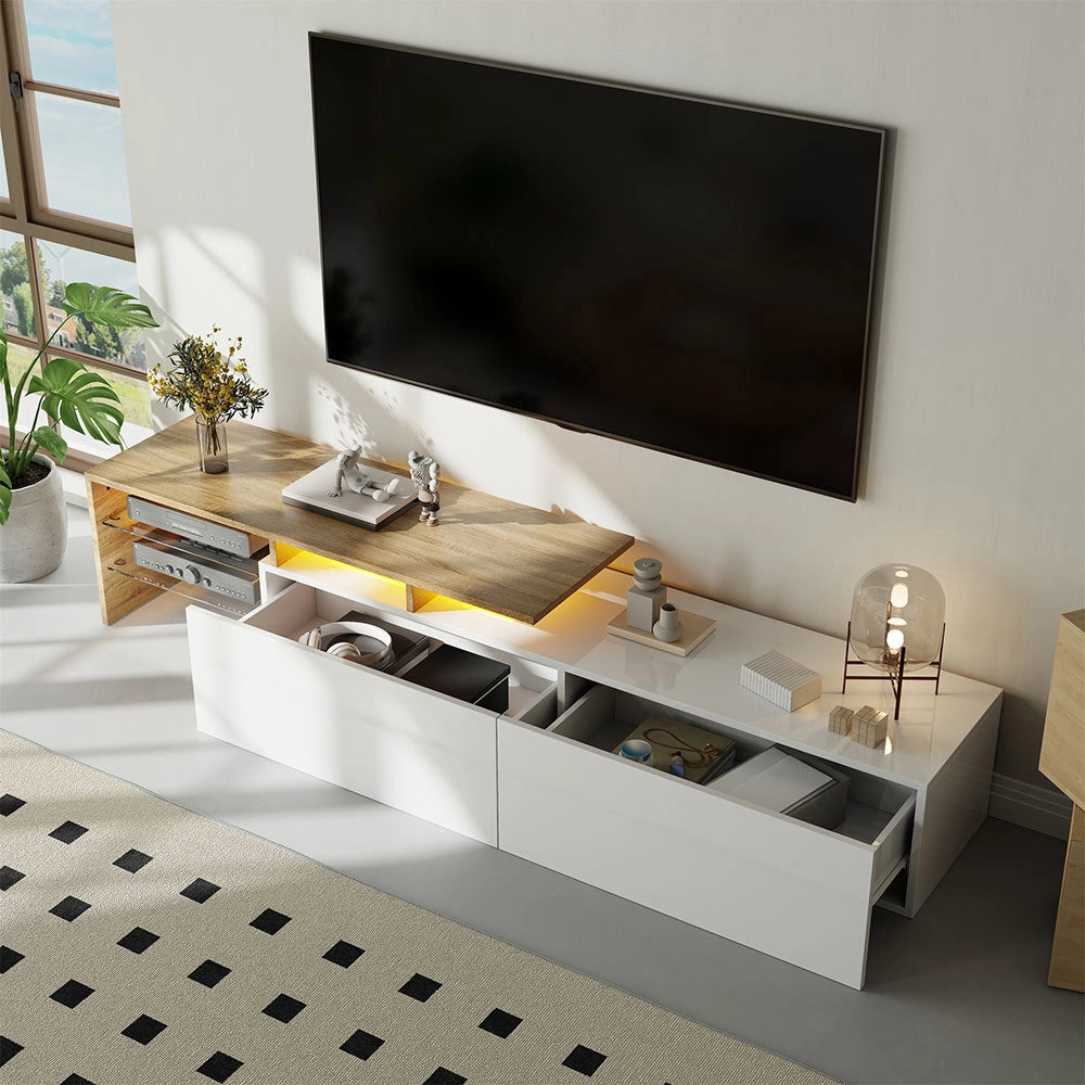 Mobile TV moderno - Xylo - Bianco/legno con vetrine e LED 160cm