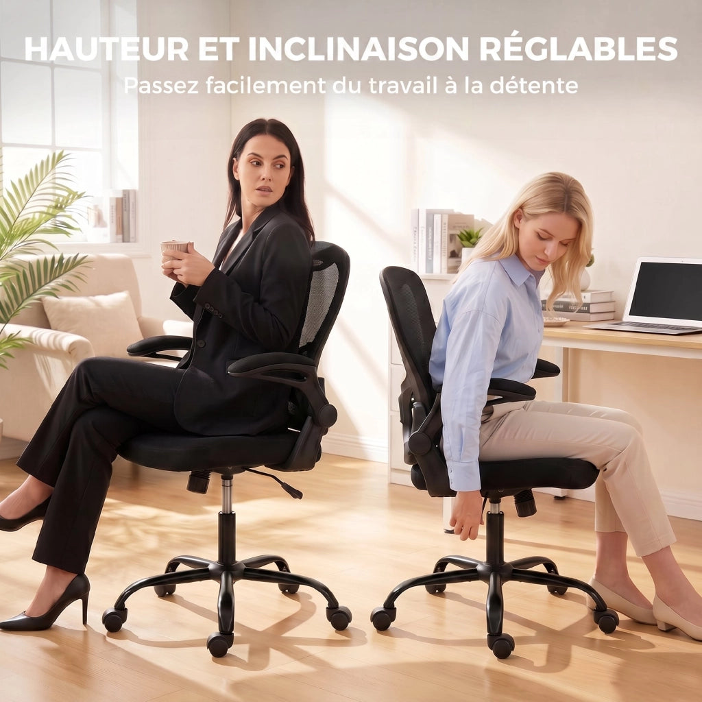 Sedia da ufficio ergonomica in rete con braccioli ribaltabili, altezza regolabile 46,5-56,5 cm e bascula, nera