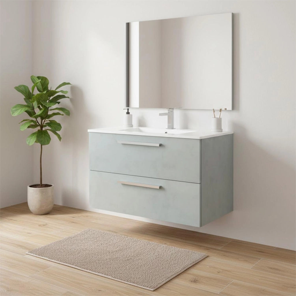 Arredo Bagno Sospeso Mobiletto Due Cassettoni Soft Close Lavandino Lavabo Ceramica Specchio Design Moderno Nordico 57 x 80 x 45 Cm Colore Grigio Cemento