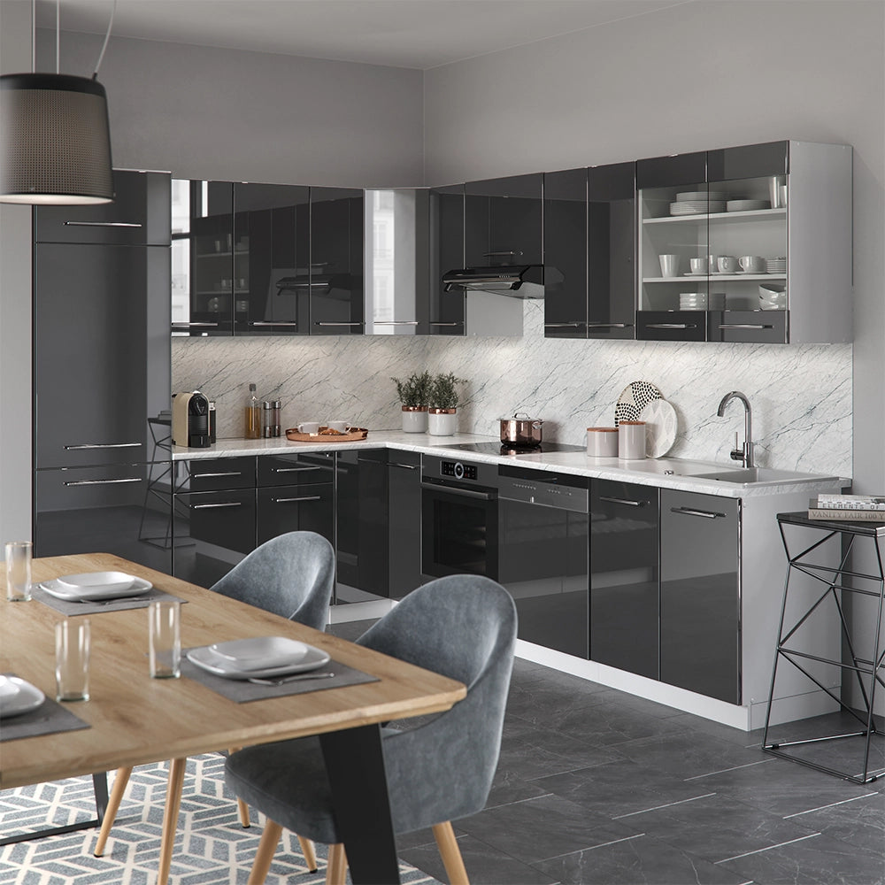 Cucina angolare completa Fame-Line Antracite lucido/Bianco 287 x 227 cm, PL Marmo Vicco