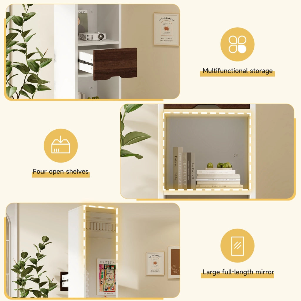 Armadietto a specchio con 4 vani aperti e 1 cassetto, per ingresso e camera da letto, in MDF, bianco, 45 × 45 × 168 cm