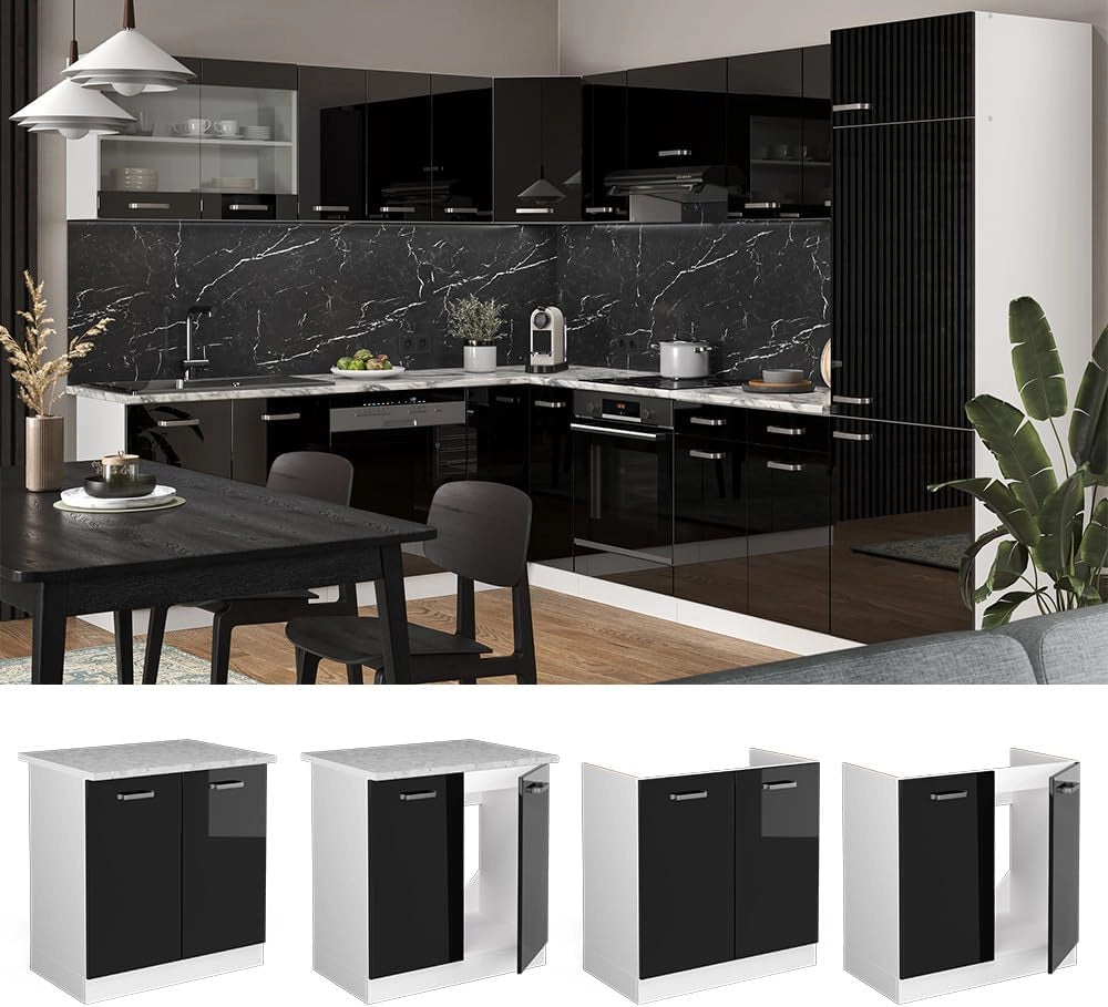 Mobile lavello cucina R-Line, Nero lucido, 80 cm, PL Marmo, per la libera combinazione all'interno di sistemi cucina modulari