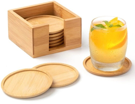 Set di 8 Sottopiani in Legno Ronde per Bicchieri - Con Scatola - Sottopiani per Bicchieri Lavabili Adatti per Bevande, Birra, Bicchieri, Tazze - Sottopiani da Tavolo Decorazione di Natale Regali