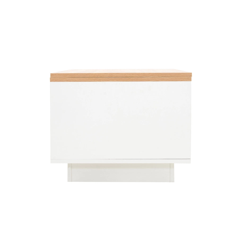 Tavolino da caffè 100x50x55.5 cm; doppio piano sollevabile con vano nascosto; pannello truciolare bianco