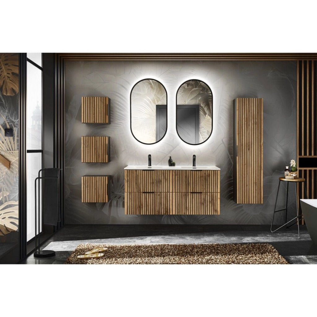 Set KINOKO: mobile sottolavabo 120cm + doppio lavabo incassato bianco + 2 specchi LED + mobili per il contenimento
