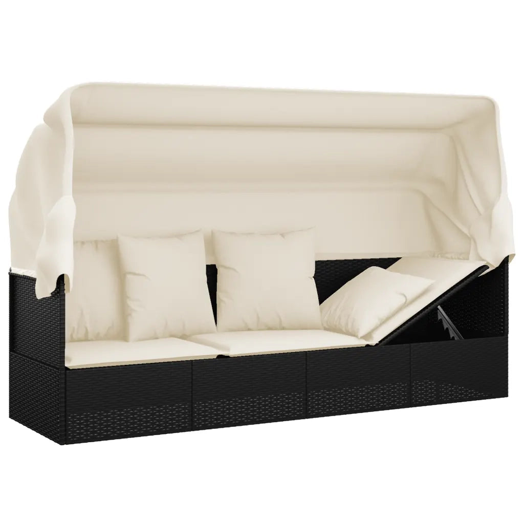 Lettino Prendisole | Sdraio da giardino | Lettino da sole Esterno con Tetto e Cuscini Nero Polyrattan