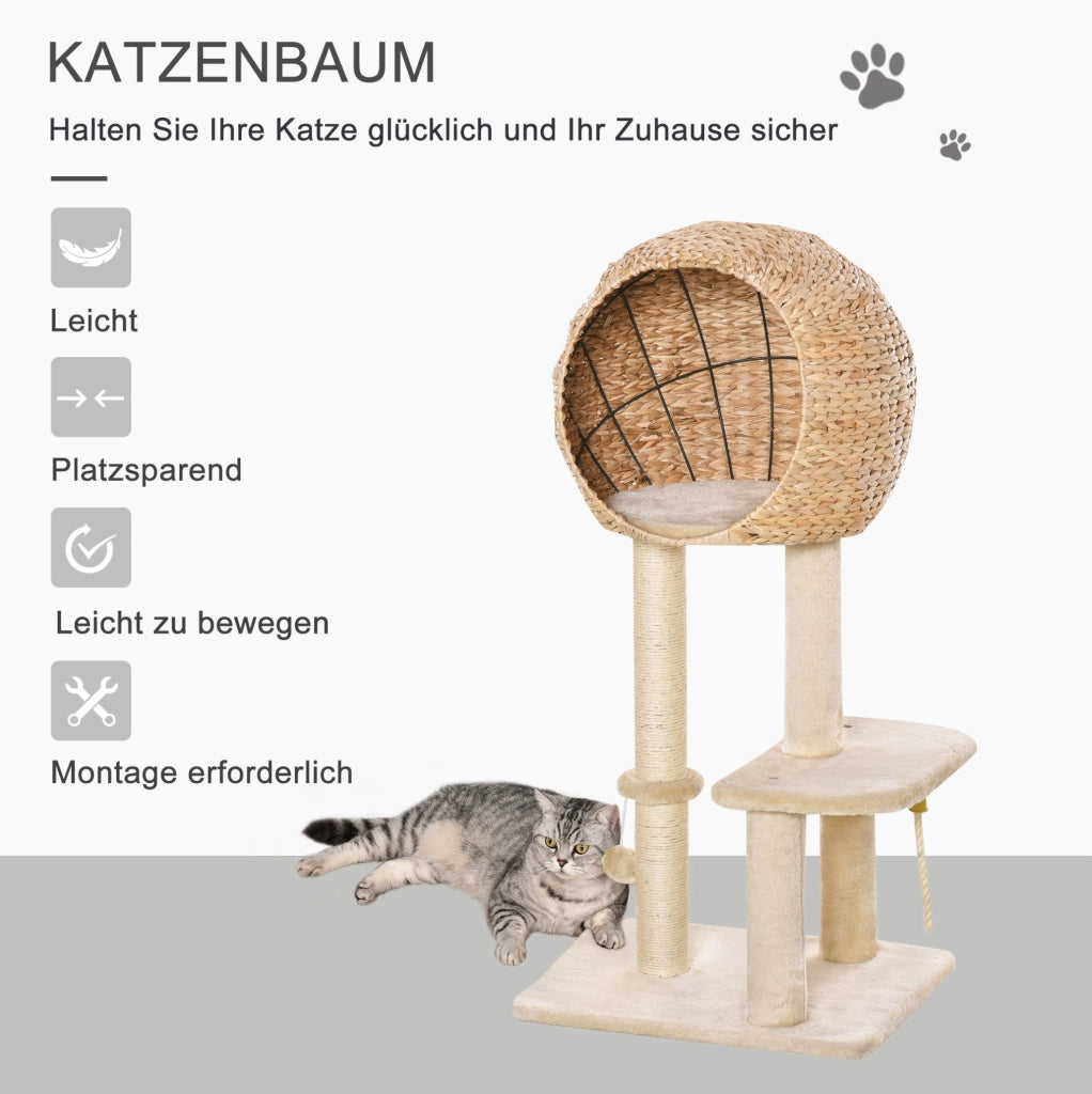 Tiragraffi beige con cuccia, sisal e pallina, 100 cm