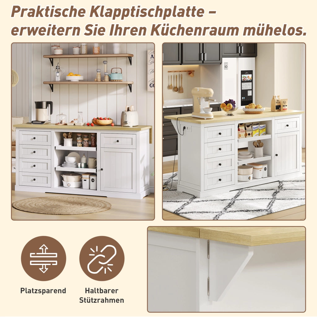 ISOLA DA CUCINA 150x65x75,5 cm Bianca/Naturale in MDF con 5 cassetti
