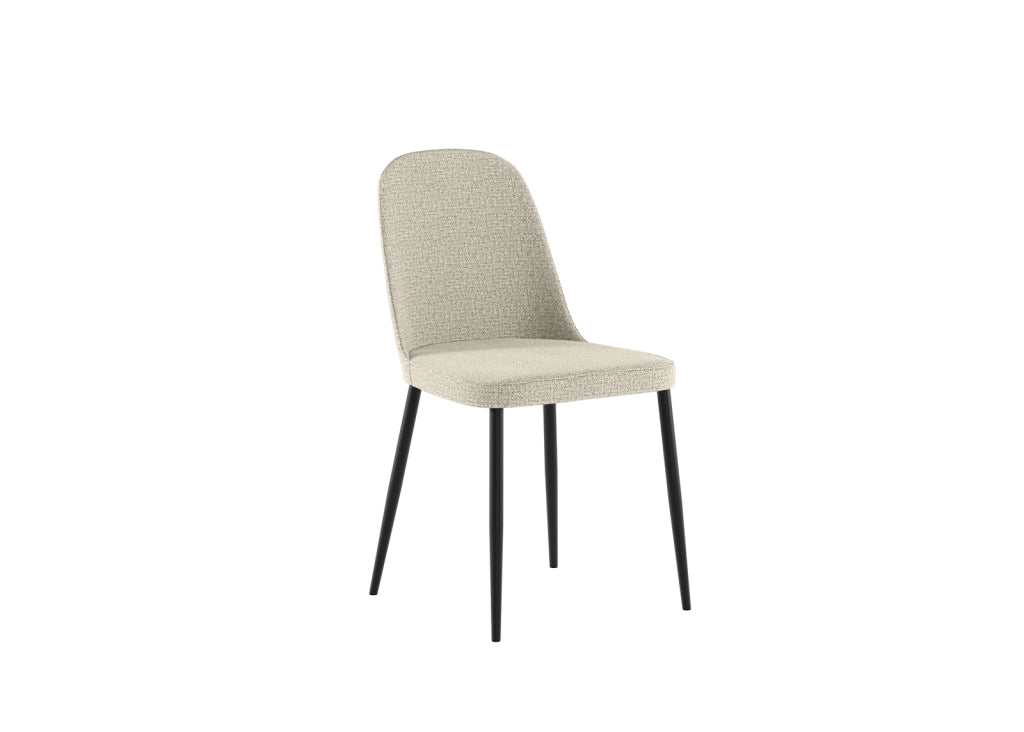 Sedia da pranzo Tamara con struttura in polipropilene e rivestimento in tessuto beige, gambe in metallo nero - Design contemporaneo