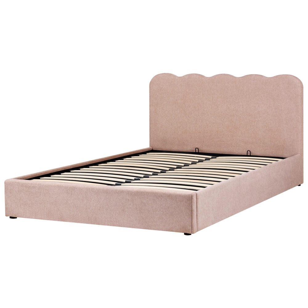 Letto in tessuto rosa pastello 160 x 200 cm contenitore elevabile con testiera e rete a doghe