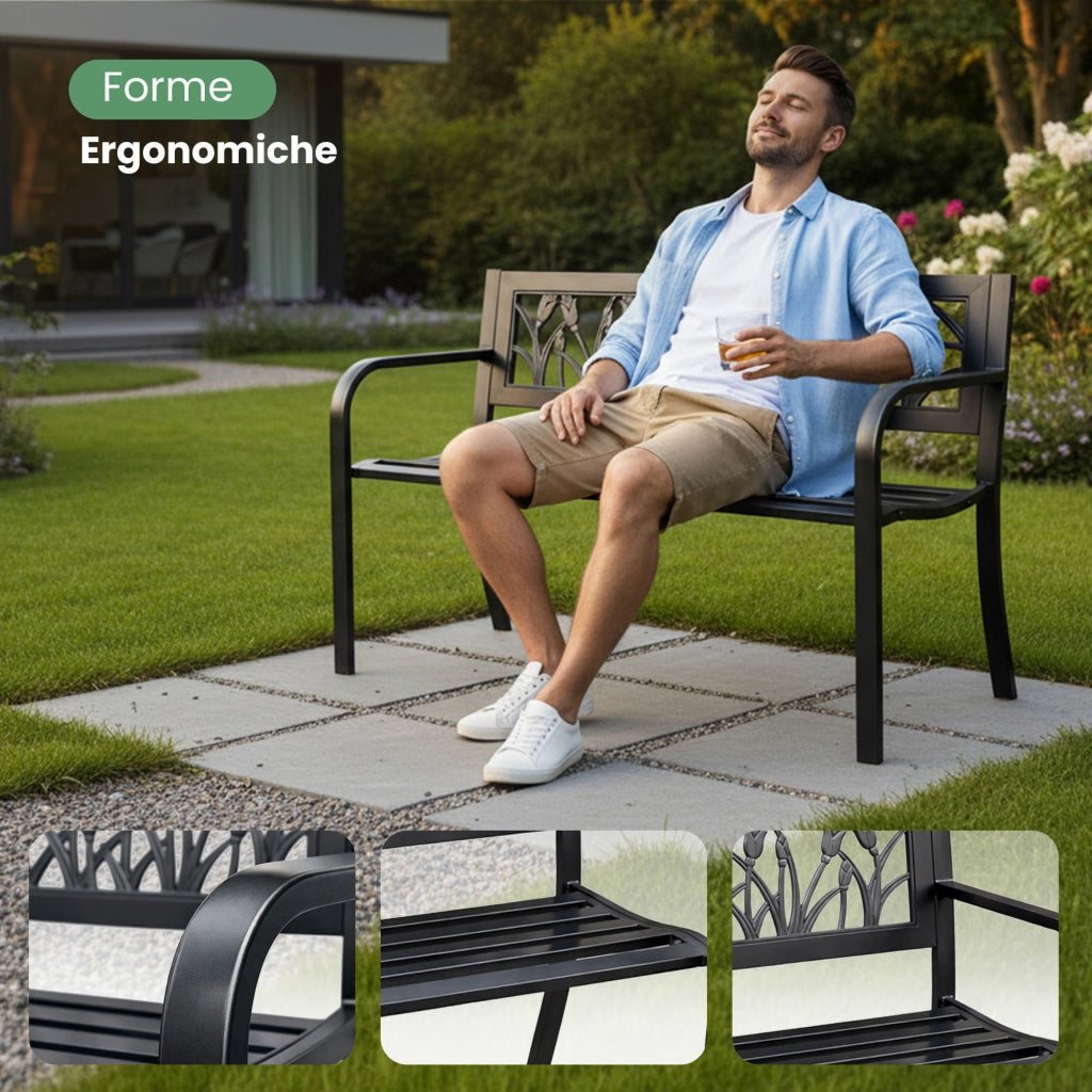 Panchina da giardino nera LISSA con gambe in acciaio larghezza 124 cm