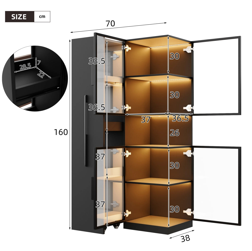 Vetrina nera con LED e ripiani estraibili 70×38×160 cm