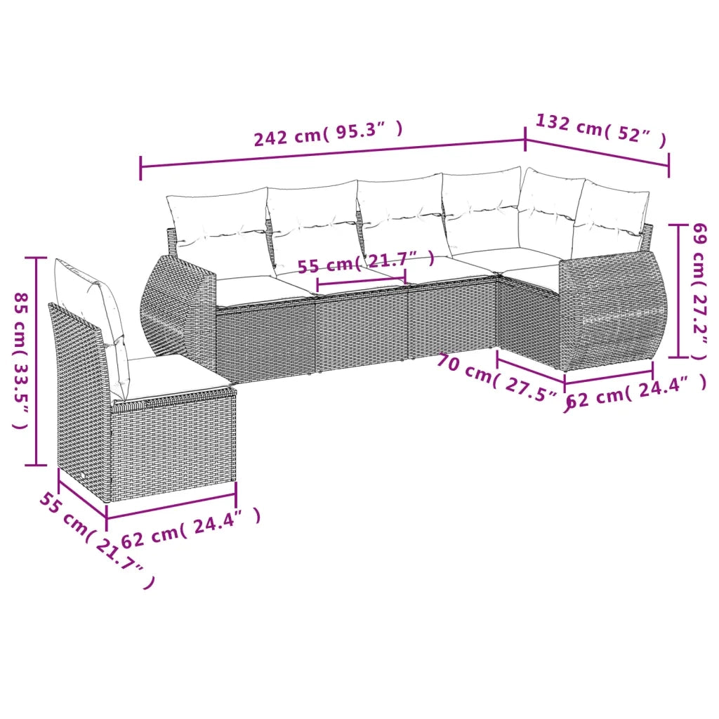 Set Divano da Giardino 6pz con Cuscini Grigio Chiaro Polyrattan