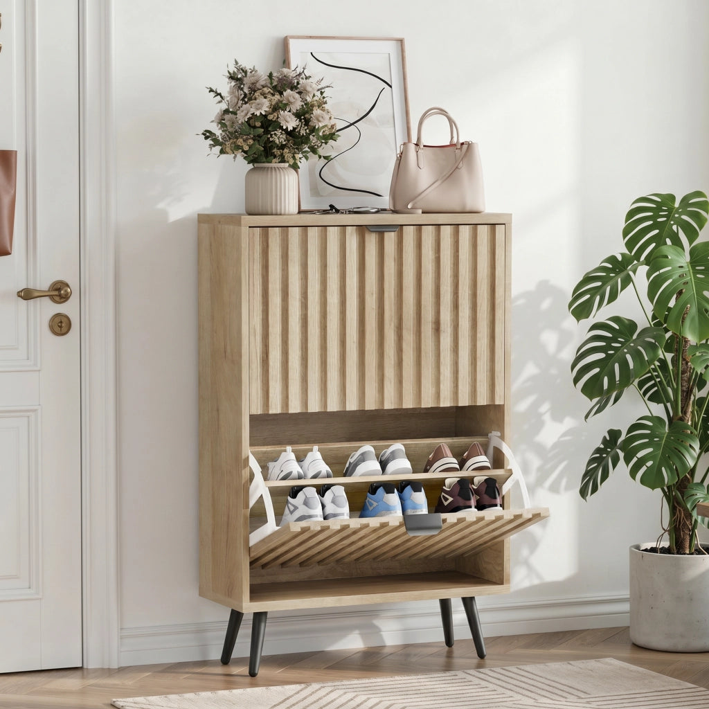 Mobile porta scarpe slim da 60 cm con ante a ribalta, finitura effetto legno e struttura in MDF