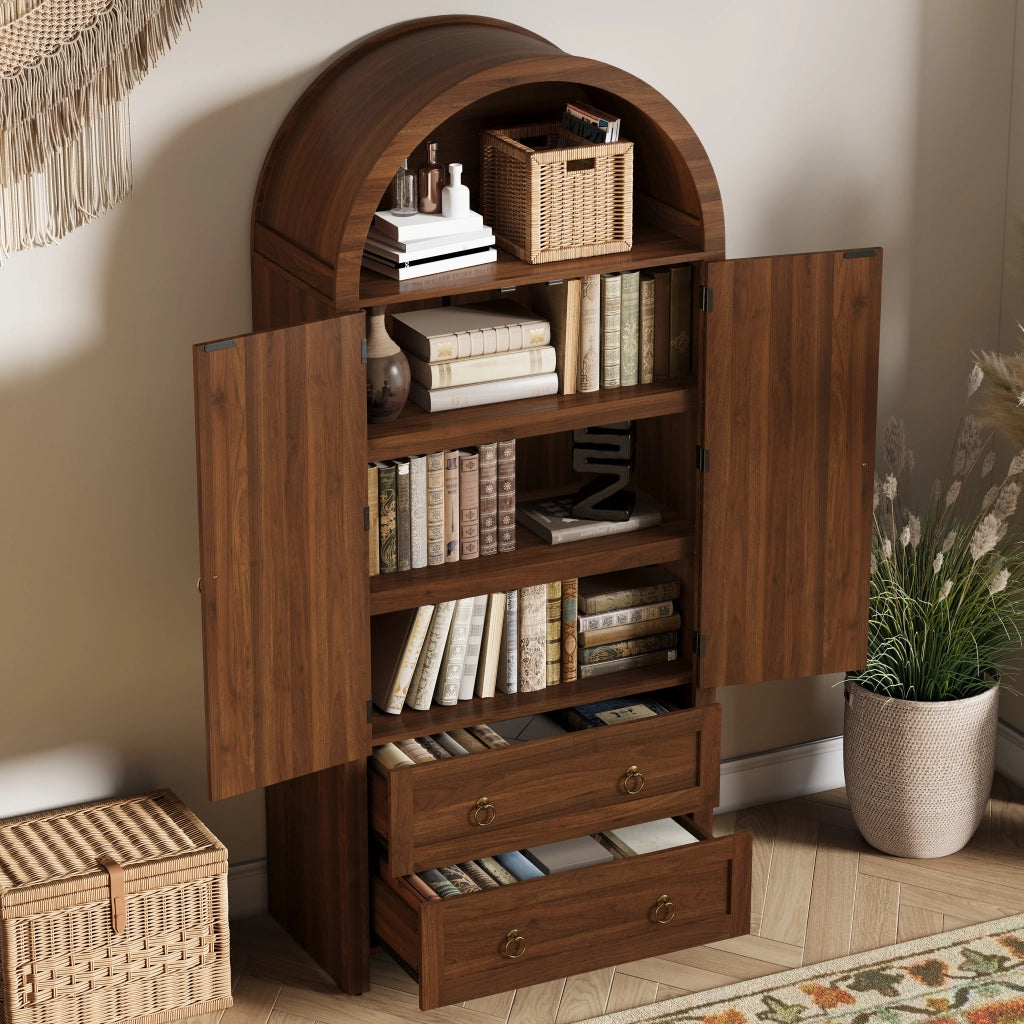 Credenza con 2 Cassetti e Ante in Rattan; Ripiani Regolabili; Stile Vintage; in MDF; 80??40??180 cm; Noce