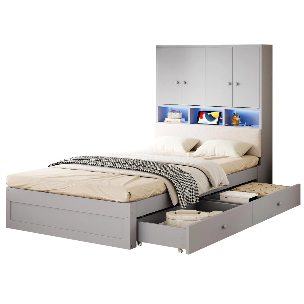 Letto singolo per bambini 90x200 cm con testiera imbottita; vani; LED; presa elettrica; cassetto e rete; legno grigio