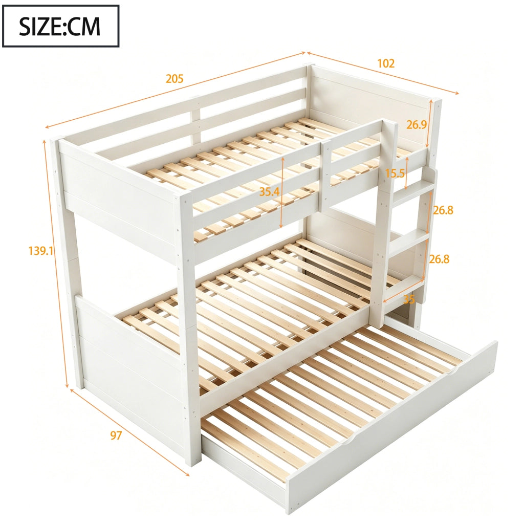 Letto a castello 90x200 cm in legno con letto estraibile, trasformabile in 2 letti singoli, bianco