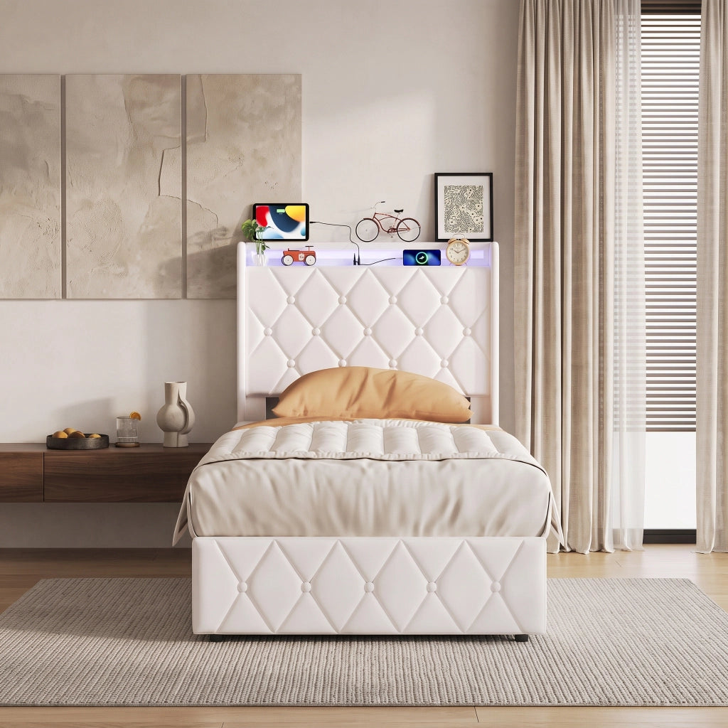 Letto singolo 90x200 cm con contenitore LED USB testiera imbottita mensole rete a doghe metallo legno velluto - beige