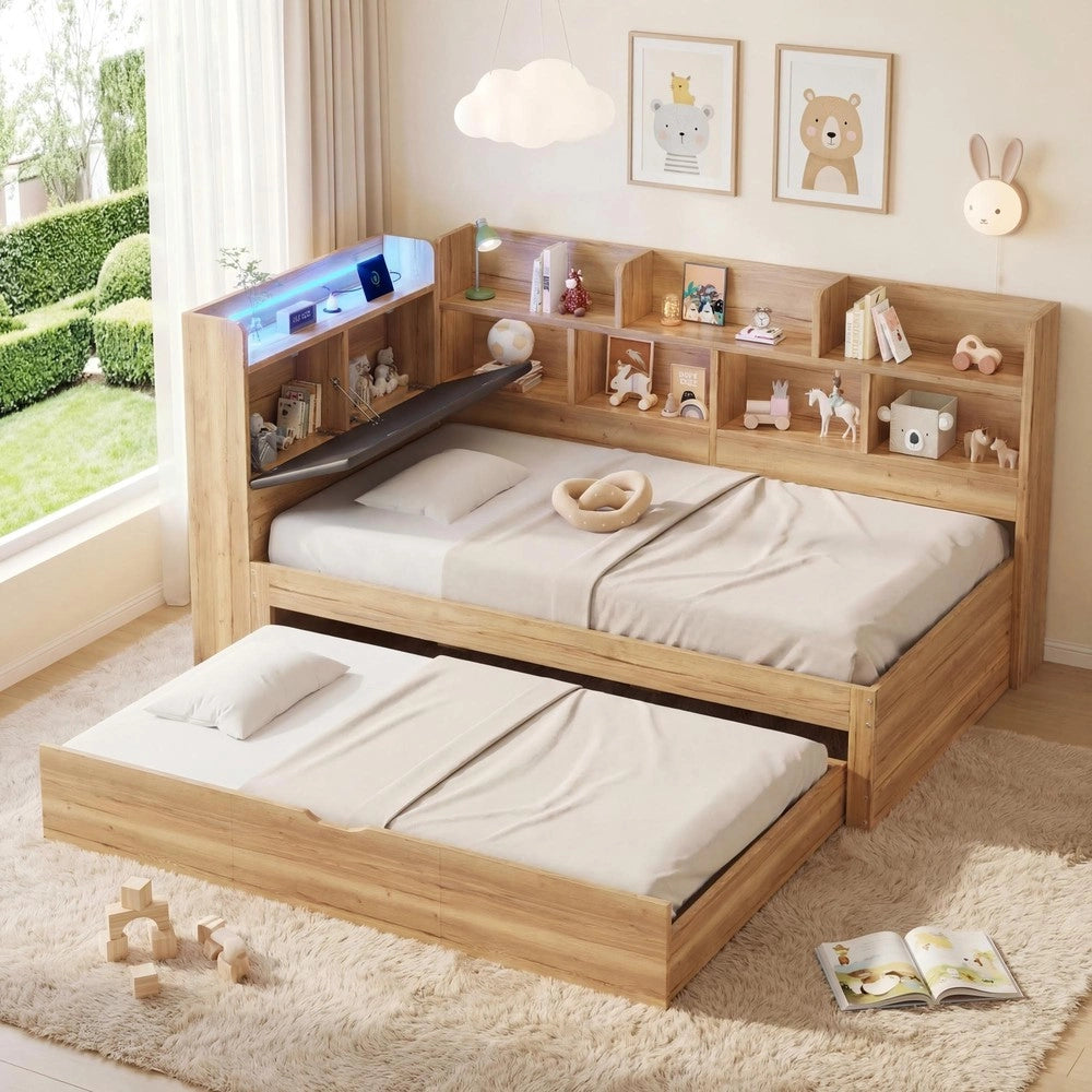 Letto Bambini a Soppalco con Cassetti, LED e Ripiani ¨C Xylo ¨C Legno Naturale 90x200