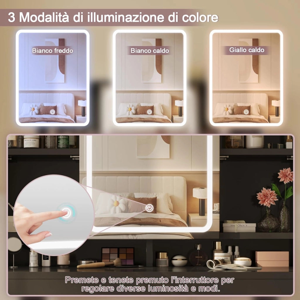 Toeletta Trucco con Luci Led a 3 Colori con Luminosità Regolabile,Tavolo da Trucco con Spazio per Gioielli, 4 Ripiani Regolabili, 2 Cassetti, Stile Moderno, Nero