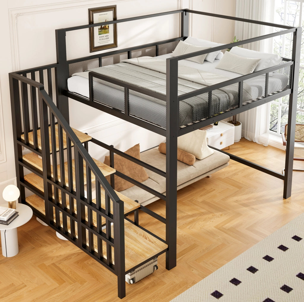 Letto a soppalco 140x200 cm con scala e baldacchino in metallo nero
