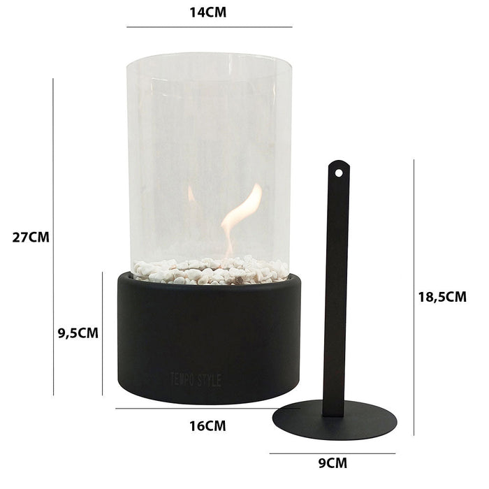Camino a Bioetanolo da Tavolo Ø16x27 cm CALIDRIA per Interni ed Esterni in Vetro e Acciaio Nero Satinato