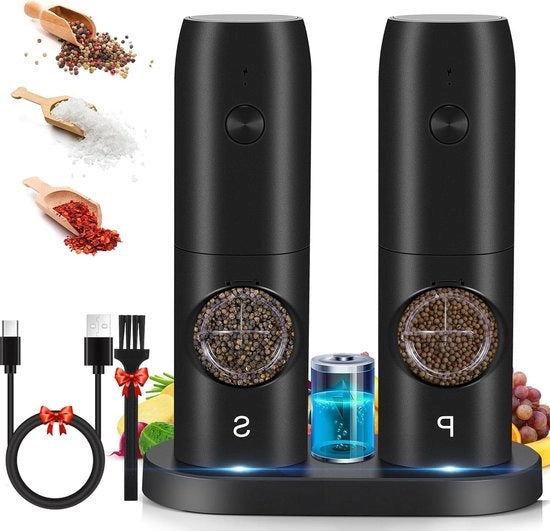 Set di molini da pepe e sale elettrici con 5 livelli di coarsità regolabili, illuminazione LED a carica USB - cucina ristorante