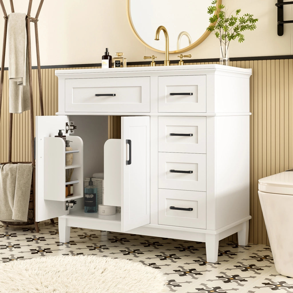 Mobile sottolavabo con lavabo in ceramica, 1 ribalta, 4 cassetti e doppia anta, per bagno, bianco, 90 × 46 × 87 cm