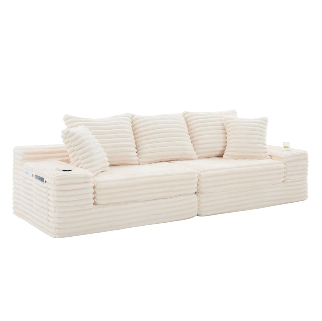 Divano componibile in tessuto corduroy beige 273x98x87 cm; con tasche laterali e portabicchieri