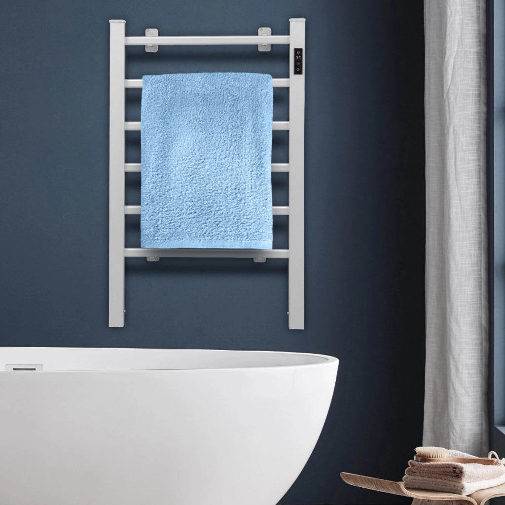 Portasciugamani a 6 barre con display LED controllo di temperatura, Scaldasalviette?termoarredo alluminio Argento-Portasciugamani
