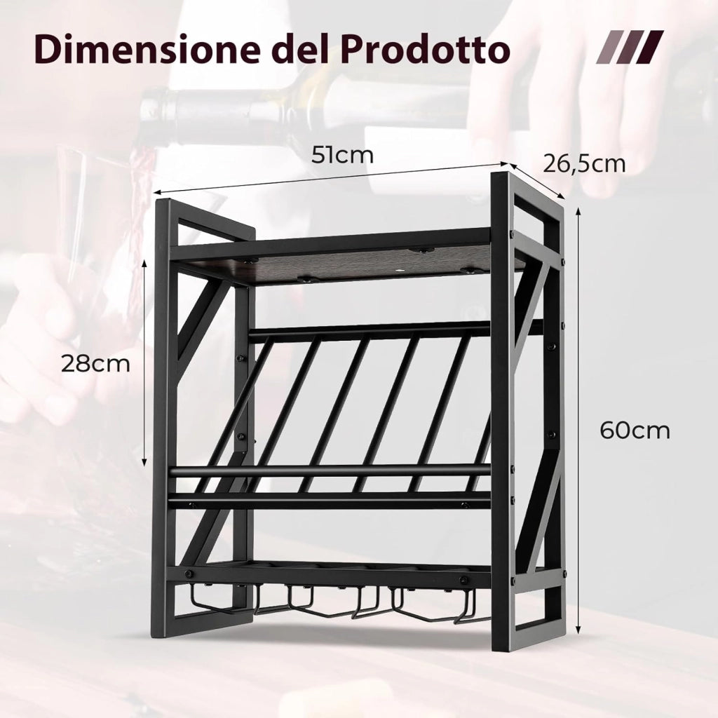 Portabottiglie da Parete, Scaffale Espositivo per Vino Industriale con Portabottiglie a 2 Livelli per 10 Bottiglie, Portabottiglie da Parete Salvaspazio per Cucina, Soggiorno, Sala da Pranzo