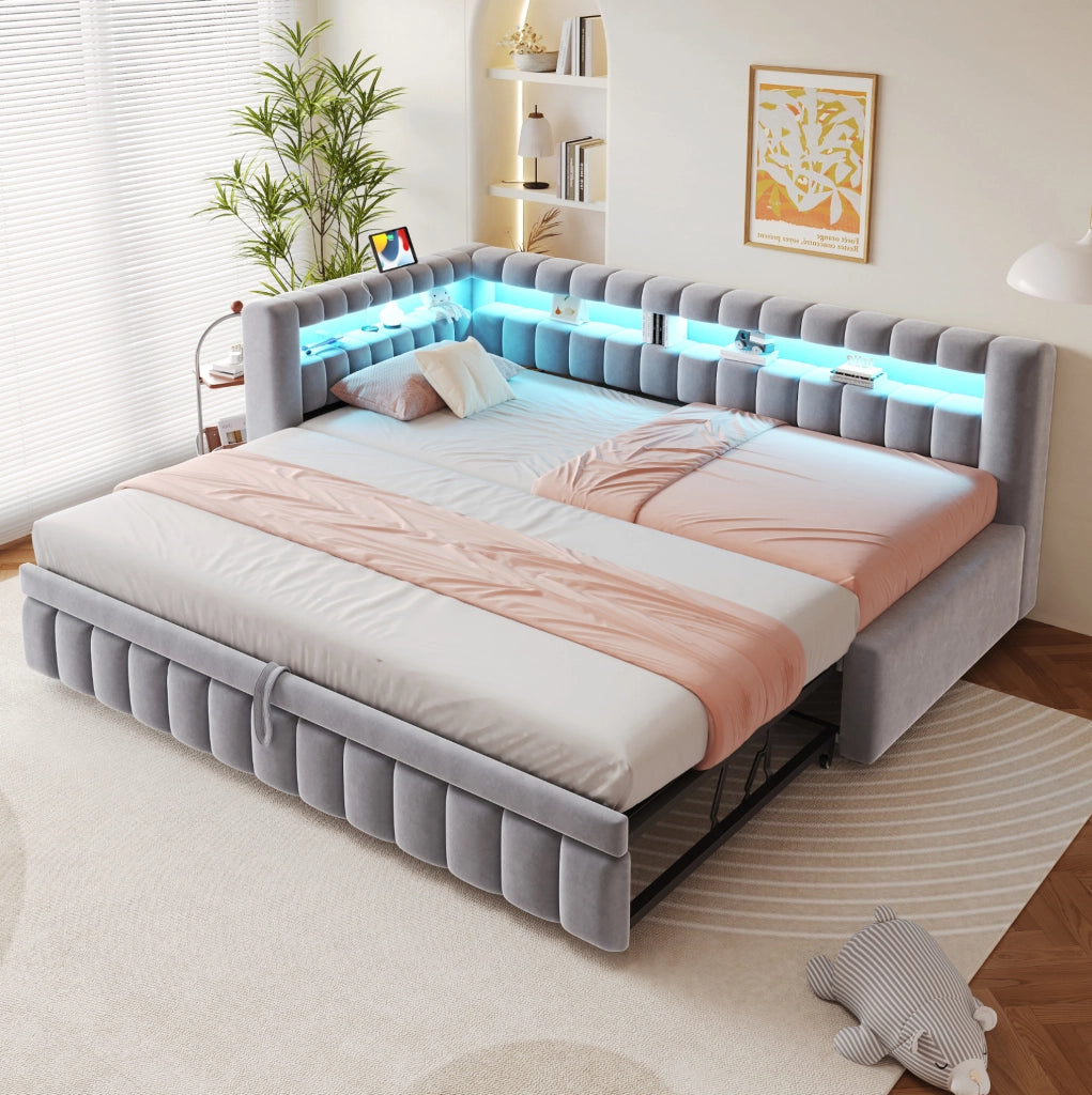 Divano letto estraibile 90x200 cm con LED, USB e vano portaoggetti