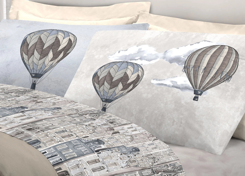 Completo Lenzuola Linea Pensieri Delicati 100% Cotone Disegno Volare - Matrimoniale - Beige