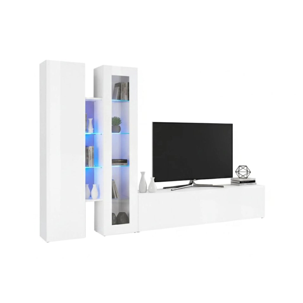 Mobile Soggiorno Arin, Parete Attrezzata 13 Ripiani Made in Italy, 280x30x180h cm Bianco Lucido