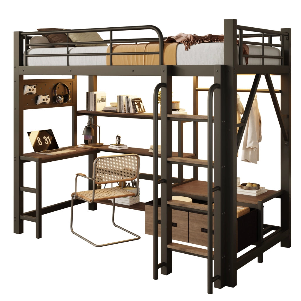 Letto a soppalco in metallo 90x200 cm con scrivania; vani; USB; barra appendiabiti; LED e parapetto; nero