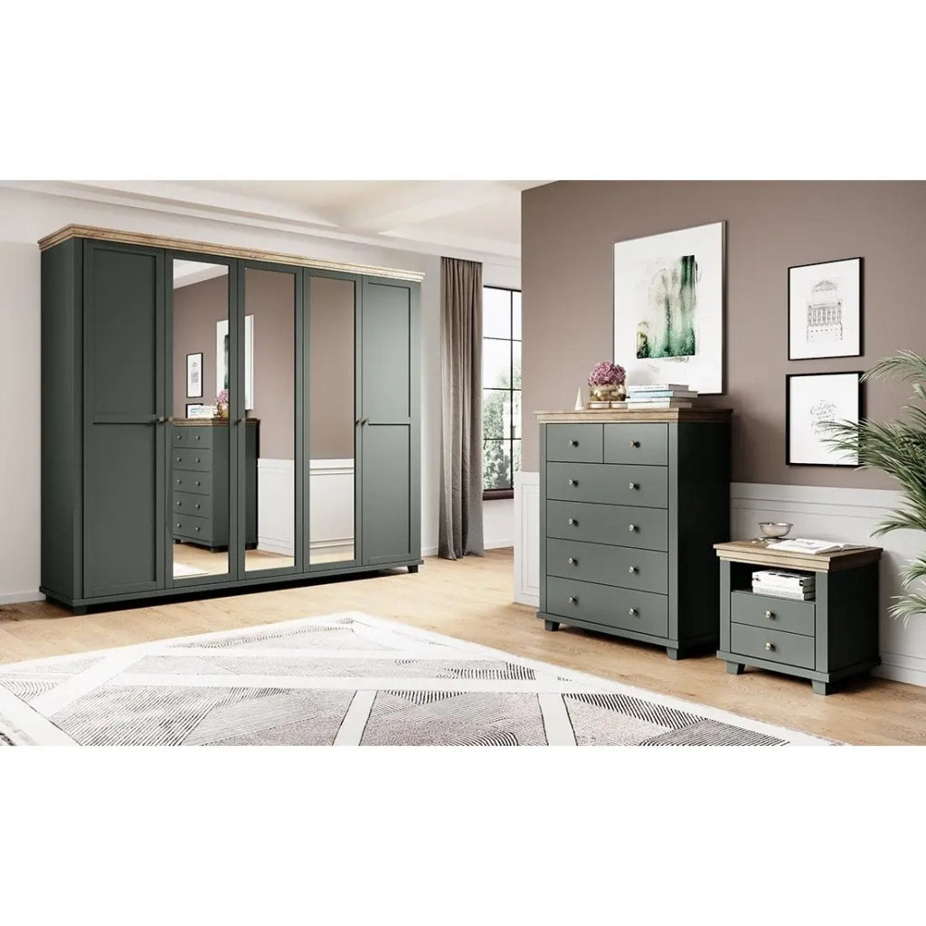 Tavolino da notte ASSIA – 2 cassetti + 1 nicchia – Verde kaki e quercia – Stile contemporaneo