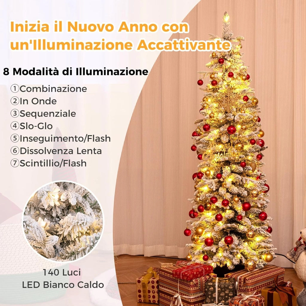 Albero di Natale Slim Pre-illuminato 150/180 CM, Albero di Natale Innevato con 120/140 Luci LED Bianche Calde, 249/334 Rami e 8 Modalità di Illuminazione e Vaso (180 CM)