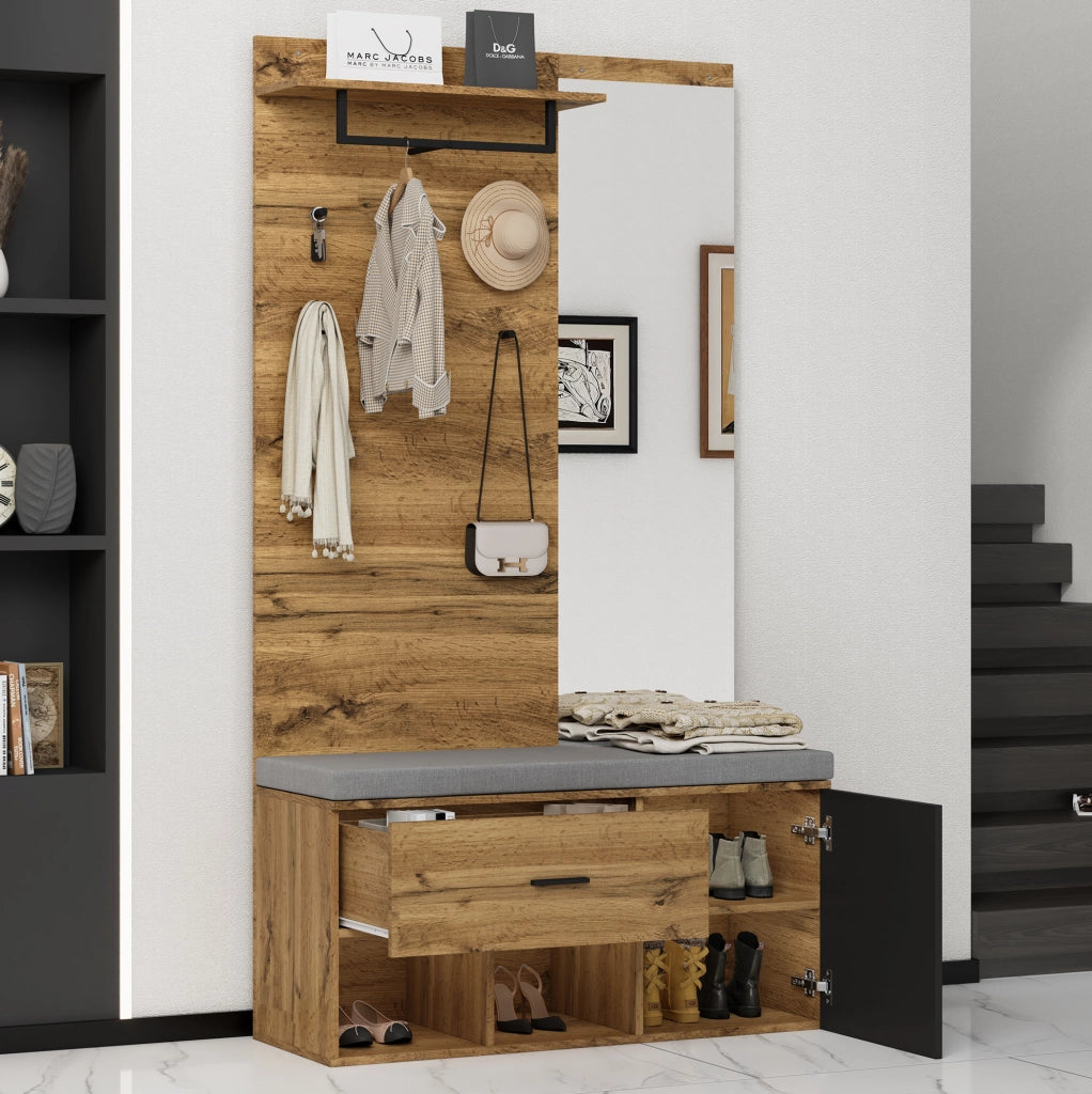 Garderoba ingresso 190 cm in effetto legno con specchio; panca imbottita e porta scarpe; colore rovere