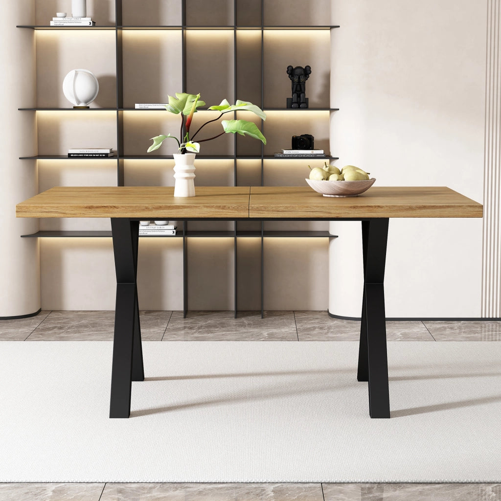 Tavolo da pranzo con gambe incrociate, in MDF effetto rovere, per soggiorno e sala da pranzo, 140 × 80 × 76 cm