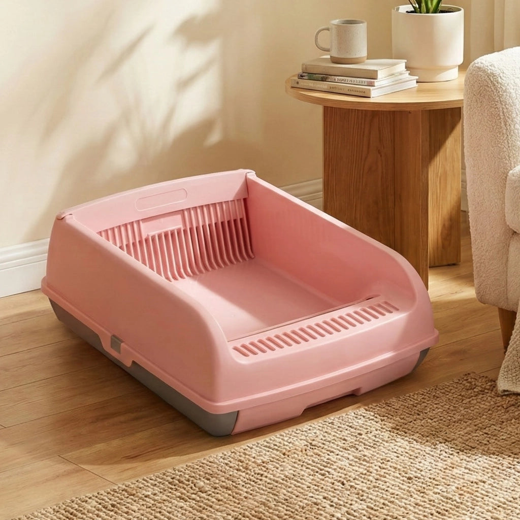 Lettiera per gatti semi-automatica a tetto aperto antischizzo-Toilette con vassoio estraibile paletta pedale filtra sabbia Rosa