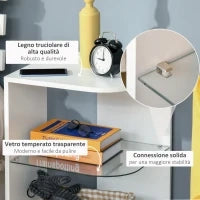 Comodino Moderno a 3 Livelli con Ripiano Regolabile, in Truciolato e Vetro Temperato, 40x40x56 cm, Bianco