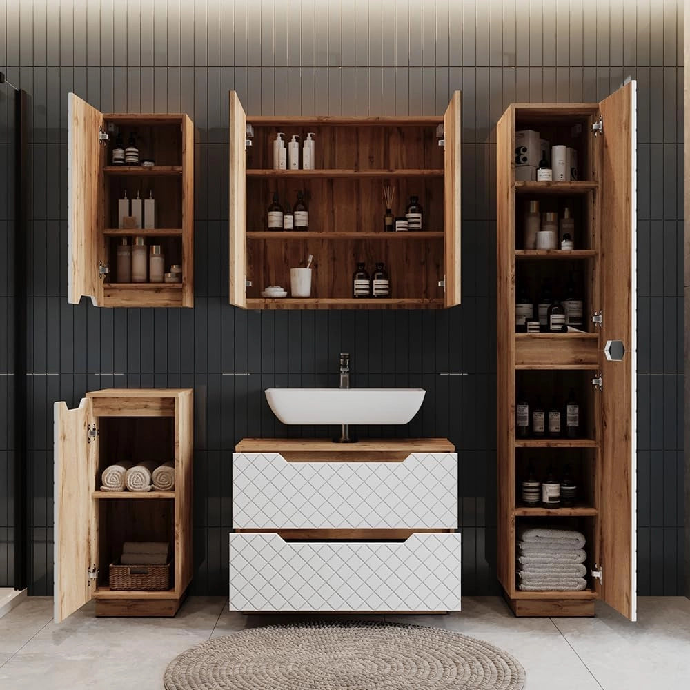 Set di mobili da bagno Lotta, Bianco, 79.6 cm, composto da mobile sottolavabo, specchiera, colonna, base media e pensile