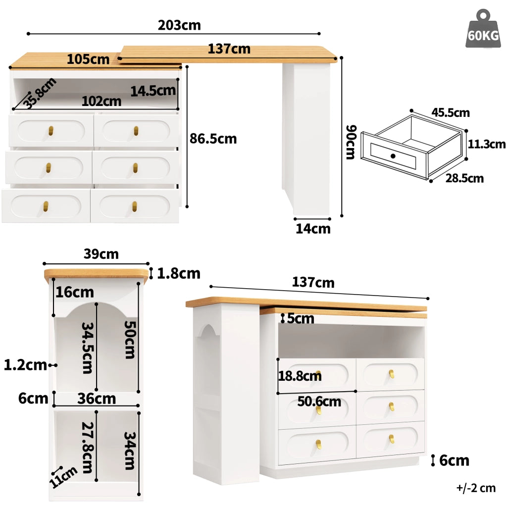 Tavolo da Pranzo Allungabile con 6 Cassetti; Ripiano Laterale e Piano Girevole; in MDF; 137-203x39x90 cm; Bianco