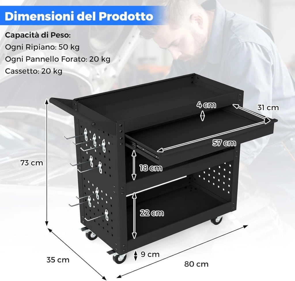 Carrello Portautensili a 3 Ripiani con Ruote, Carrello Attrezzi in Metallo con Cassetto Grande, 2 Pannelli Forati e 8 Ganci, Carrello di Servizio per Garage e Officina, Portata 250 kg