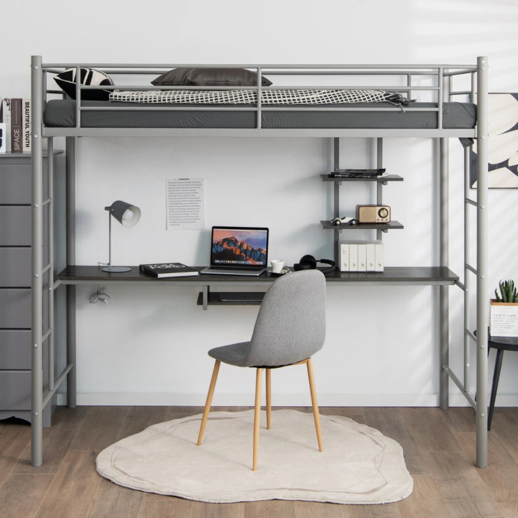 Struttura di metallo per letto a soppalco con scrivania 2 scale e corrimani a lunghezza estesa, Letto a soppalco Argento-Letti e strutture