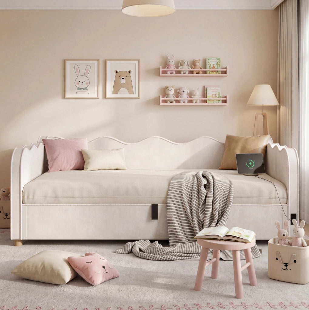 Letto giorno imbottito 90x200 cm in velluto beige con contenitore idraulico e prese USB