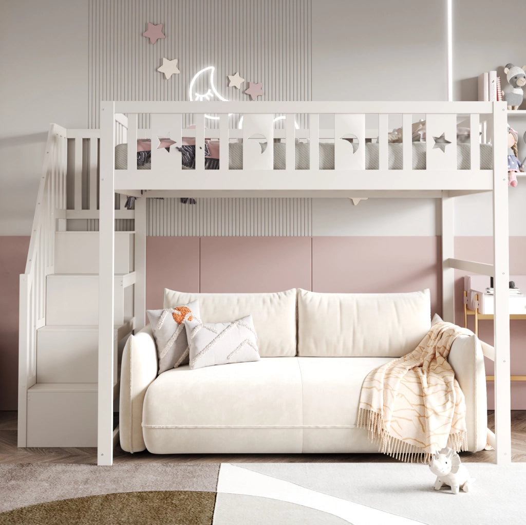 Hochbett per bambini 140x200 cm con scala e librerie; in legno; bianco